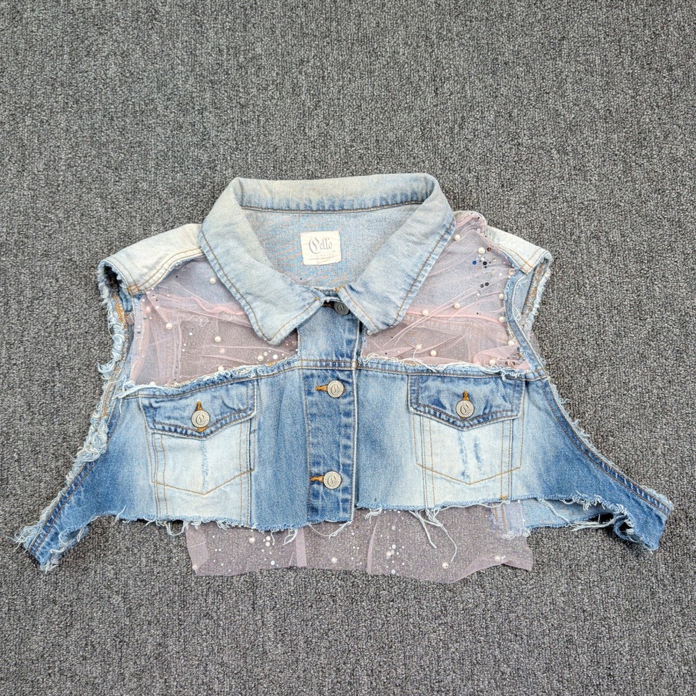 Cello Y2K Distressed Denim Vest 3X Blue Pink Mesh Pearl Sequin Cropped Festival